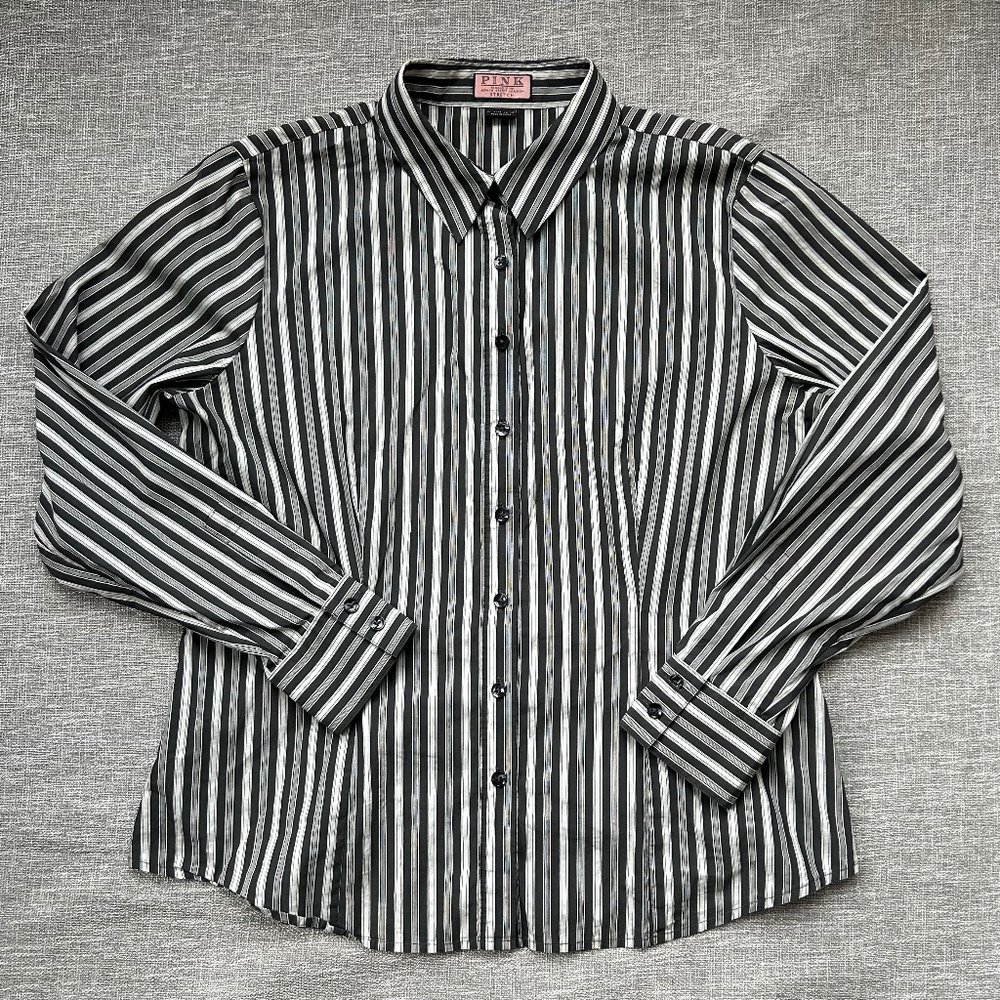 PINK by Thomas Pink Women's Black & White Striped Stretch Cotton Blouse - US 14